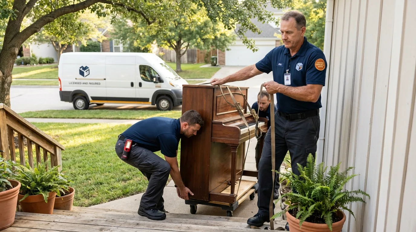 Licensed piano movers securing grand piano in Fairmont, NC