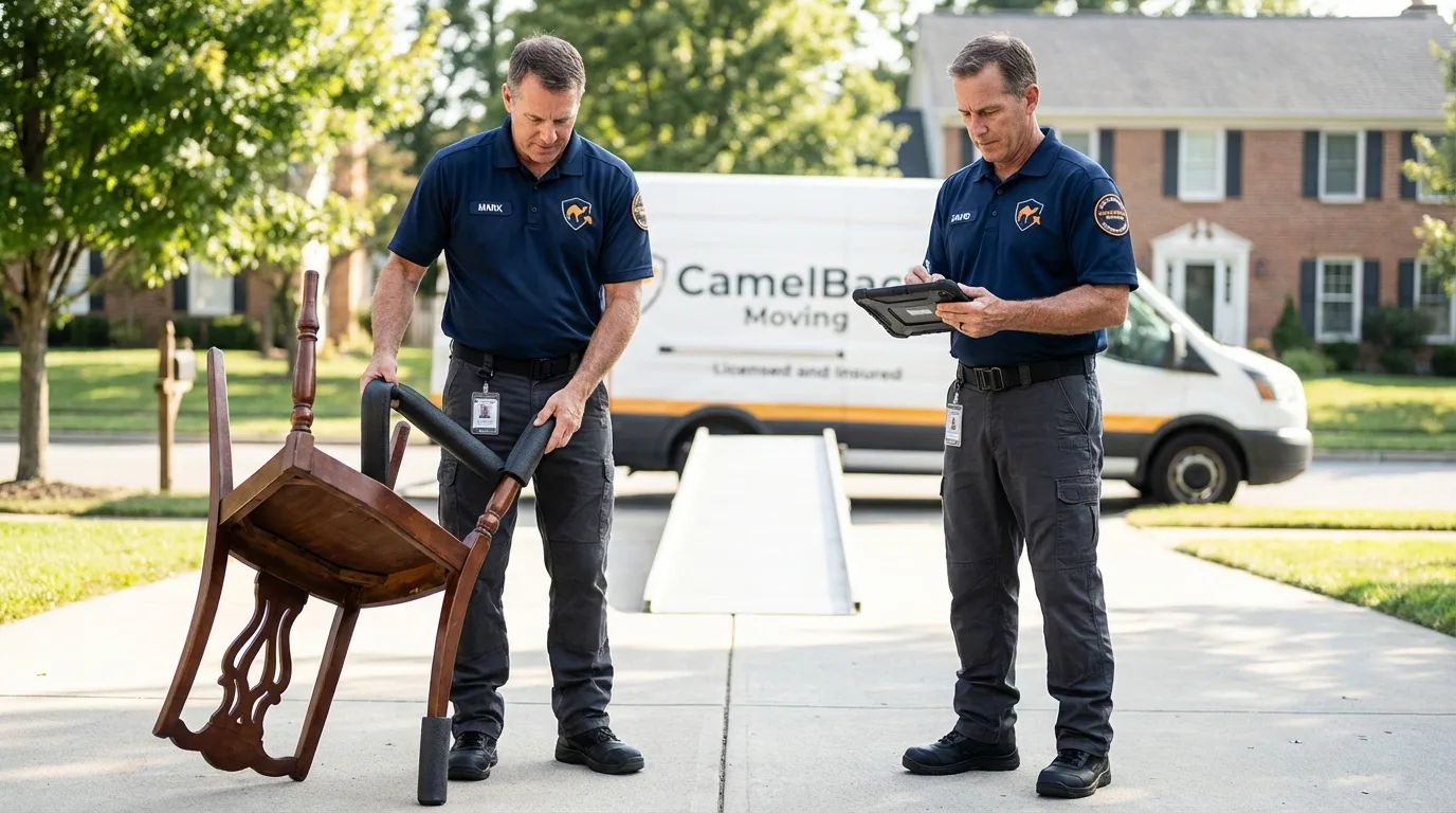 Movers inspecting furniture for damage prevention before loading in Fairmont, NC